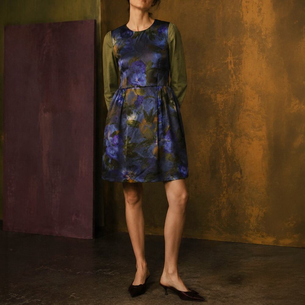 Dries Van Noten Navy Floral Cotton Silk Dress Size 42